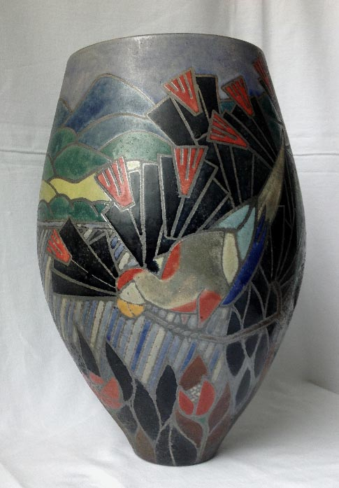 stunning studio pottery vase with makers mark featuring parrots and poppies etc